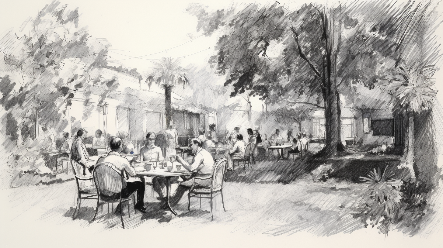 Scribbled sketch of an elegant garden party