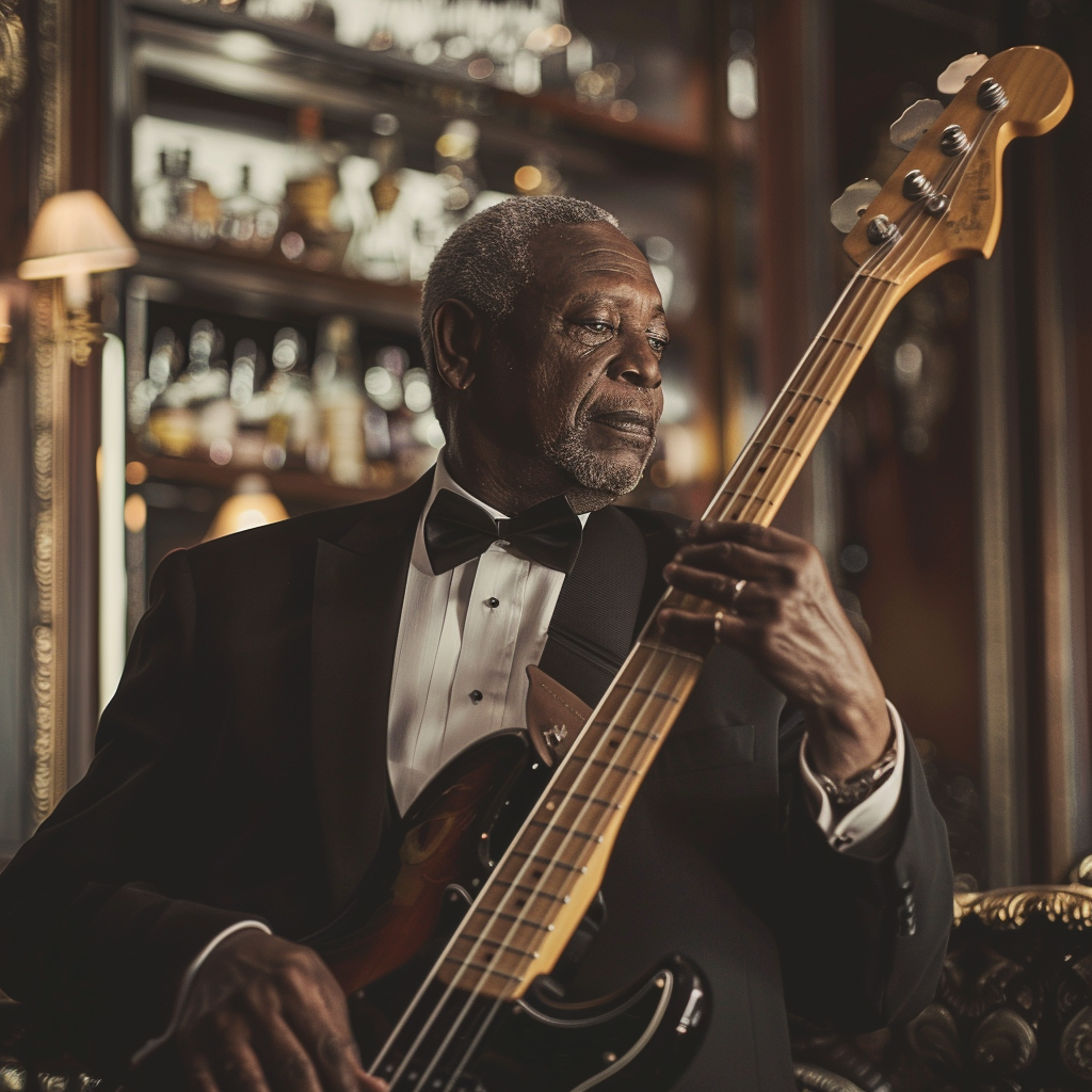 stylish black man bass guitar luxury setting