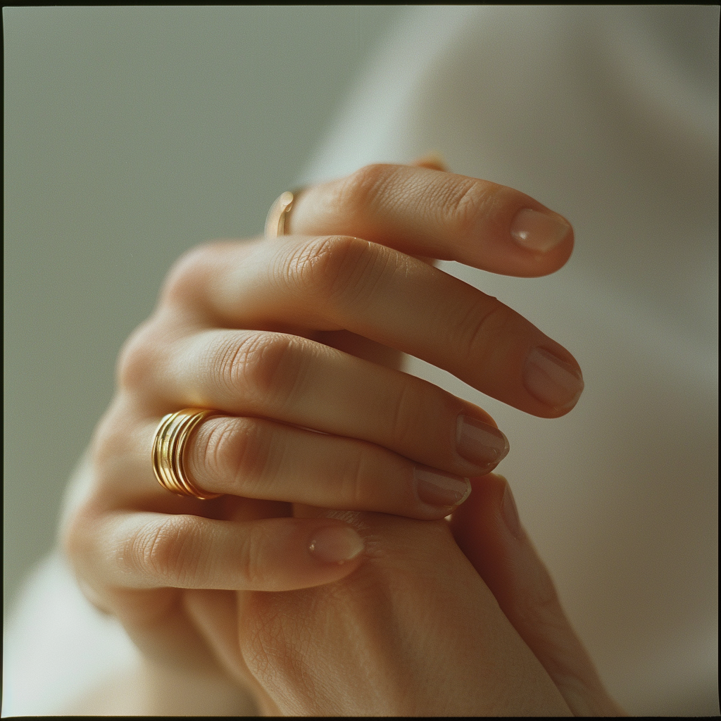 elegant gold wedding bands on wheat skin