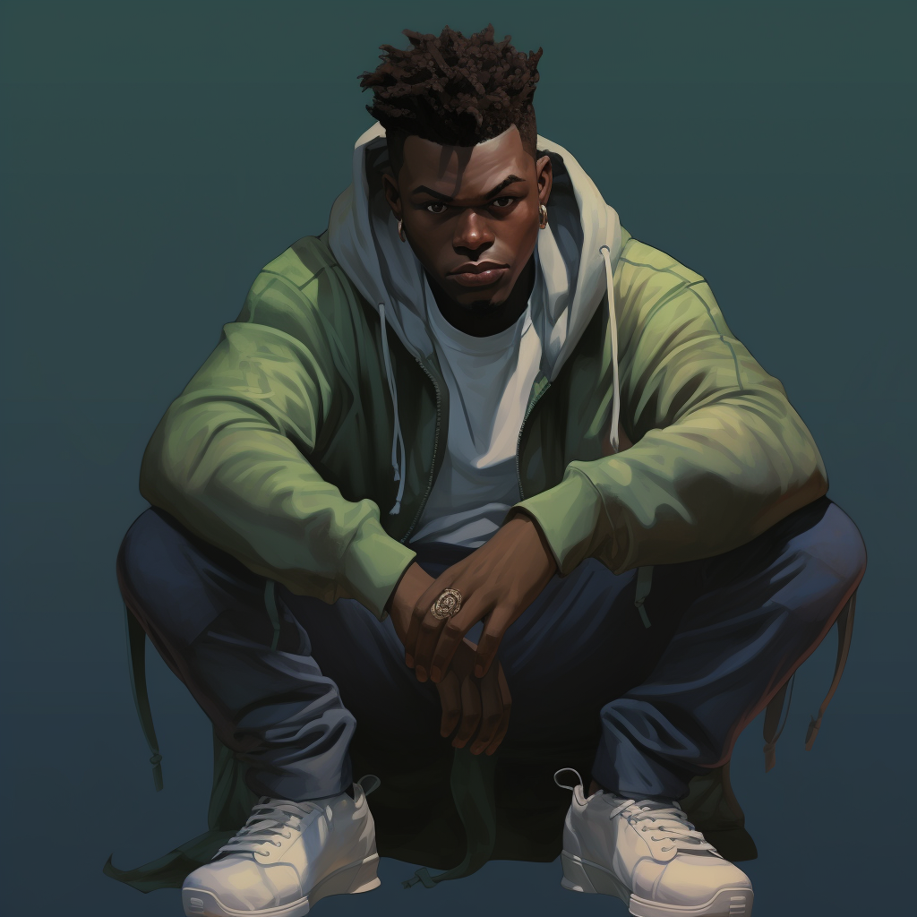 Demon with dark skin wearing hoodie and sneakers