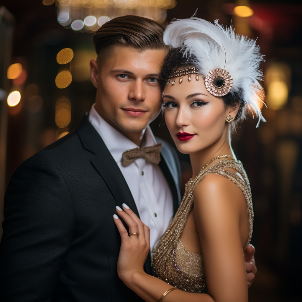 Elegant lady and handsome gentleman at Gatsby-themed party ?