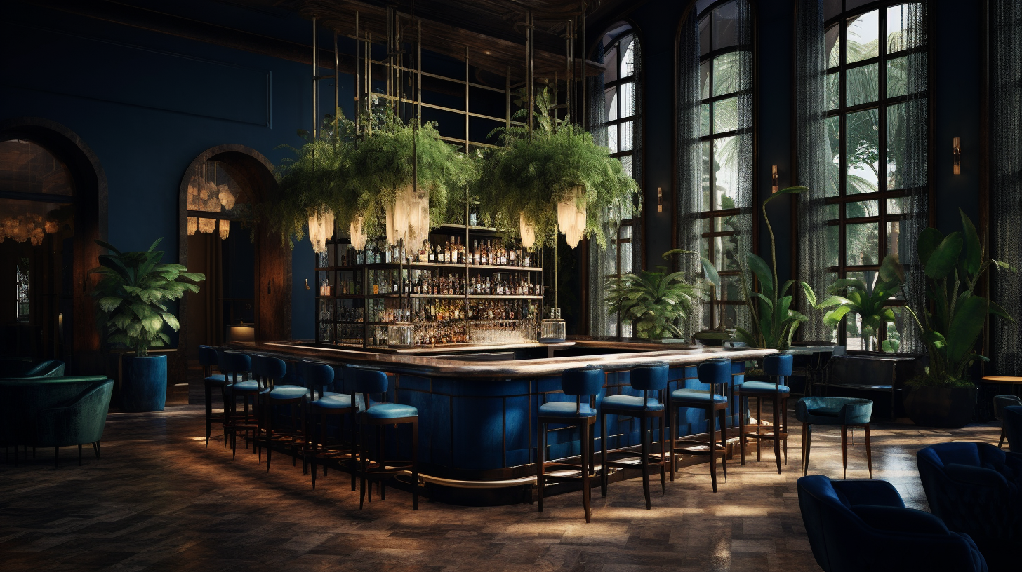 Elegant bar at luxury hotel with indigo blue and dark green decorations