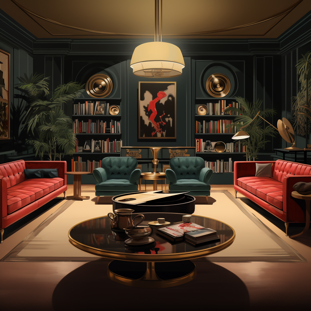 Friends enjoying vinyl records in elegant lounge