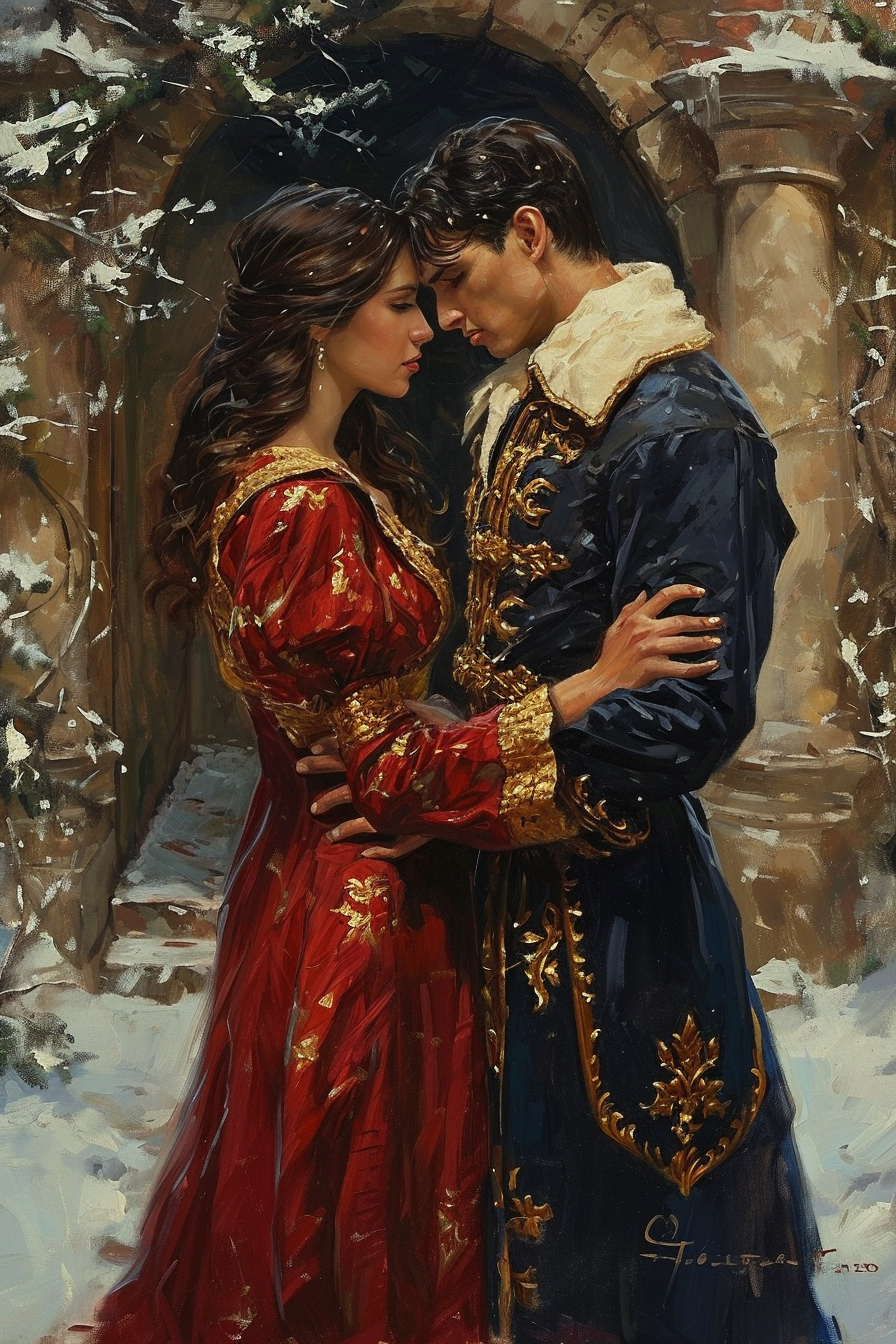 Elegant medieval couple in Christmas attire