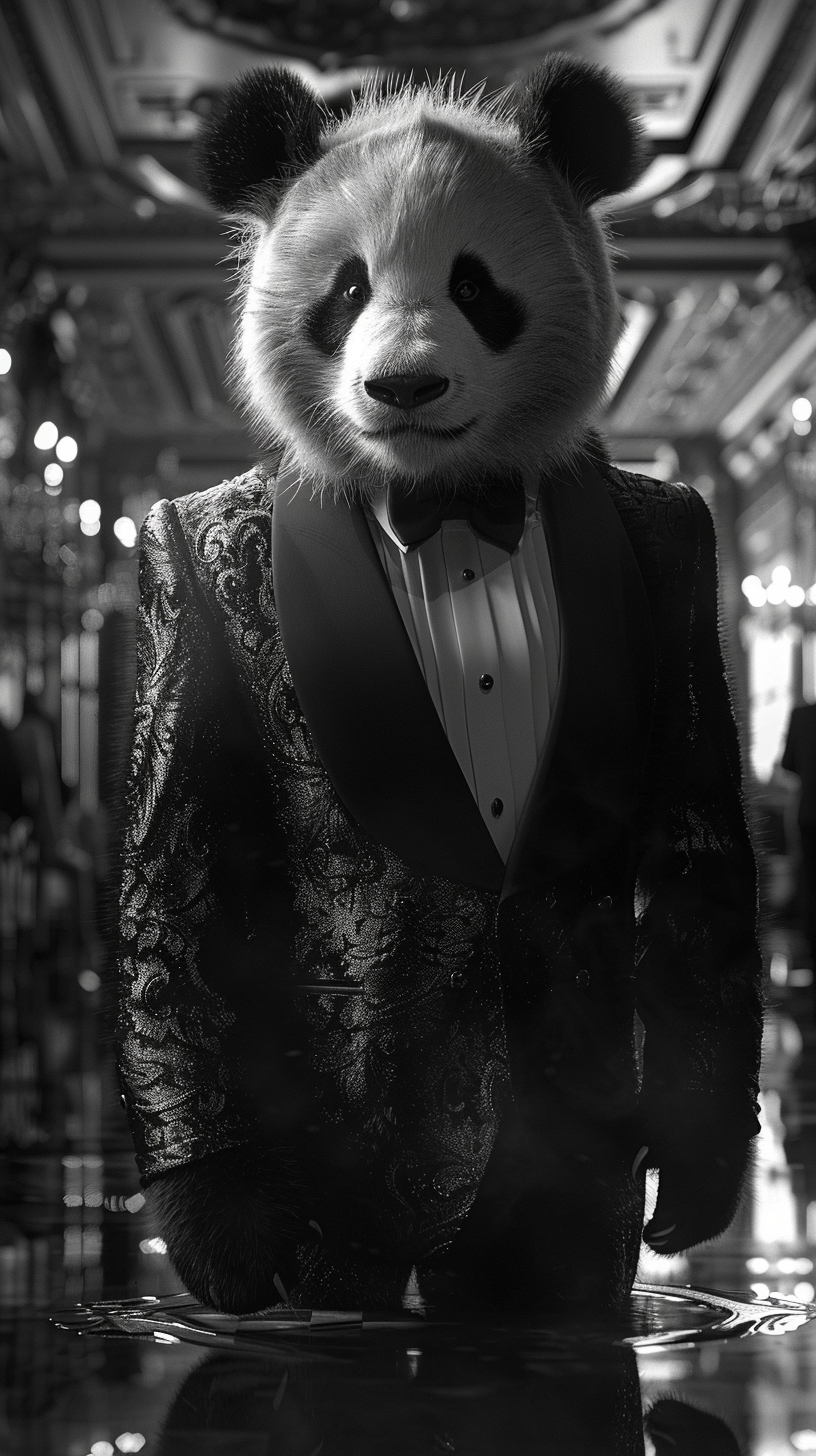 Panda in black tie fashion show