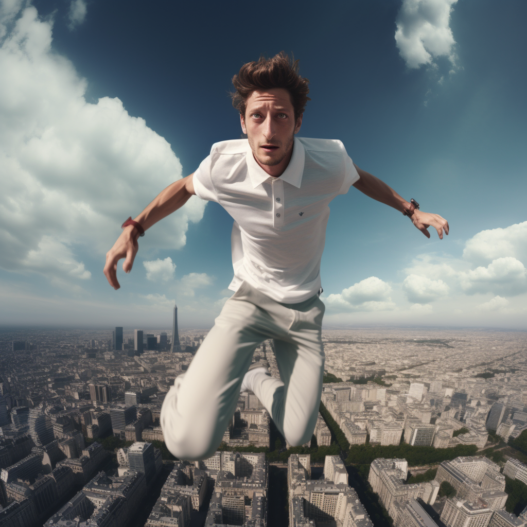 Pierre Niney flying in high-fashion Lacoste polo over Paris