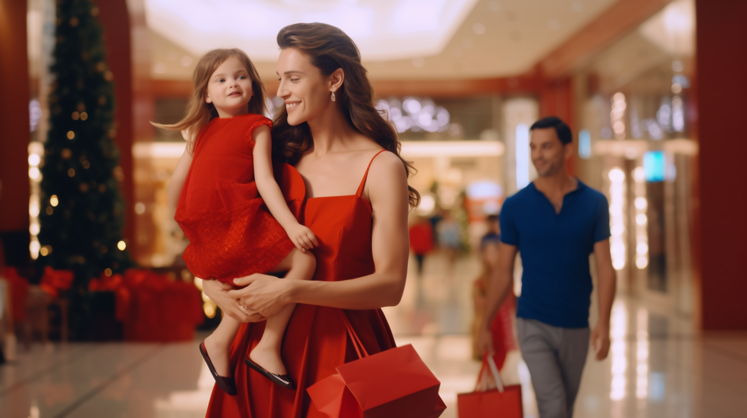 Woman in elegant red dress finds family