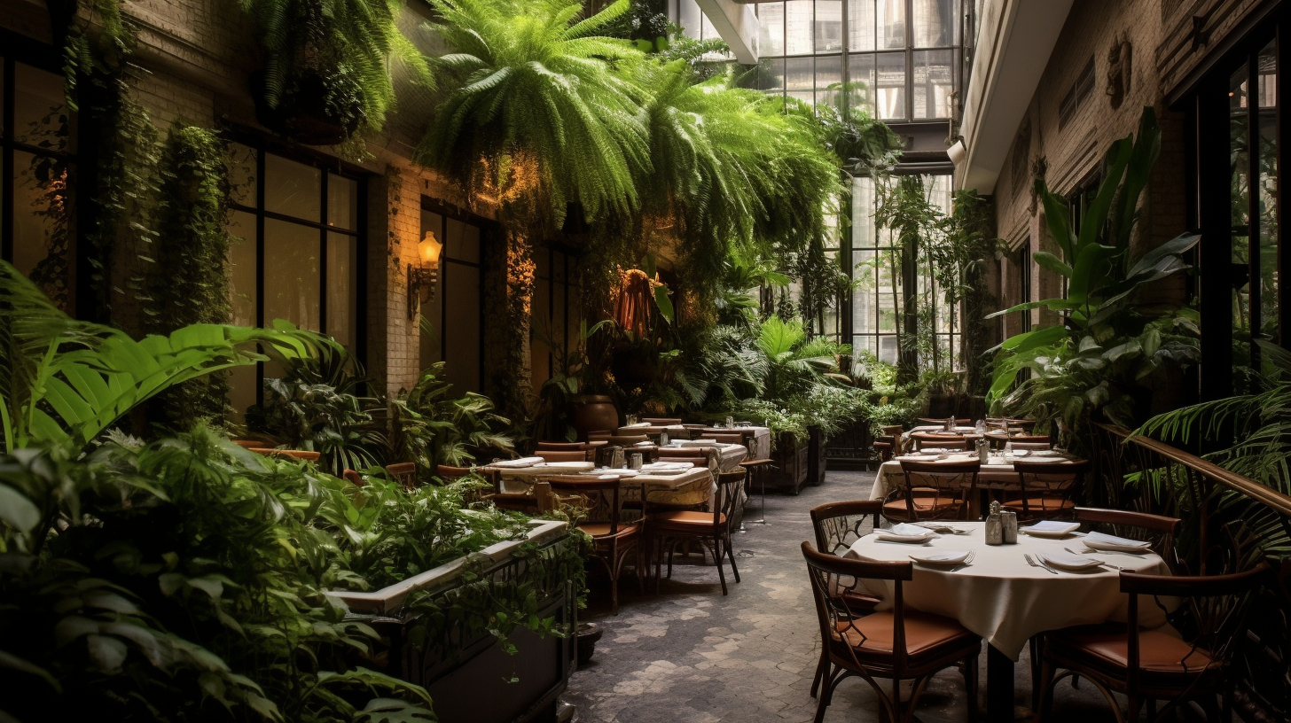 Elegant restaurant dining patio with lush greenery