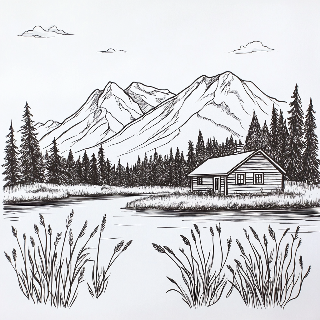 cabin lake mountains trees drawing