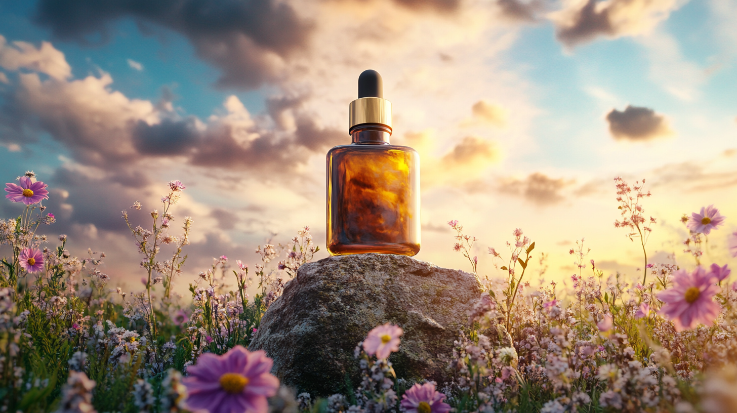 skincare bottle wildflowers sunset