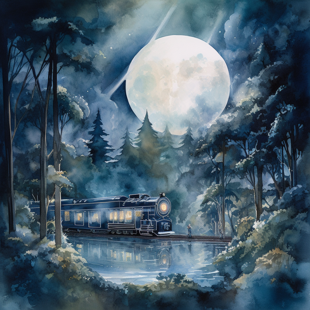 Tranquil train ride through moonlit forest