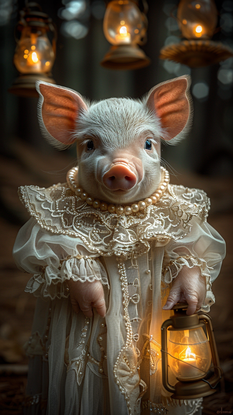 Baby piglet in Victorian dress