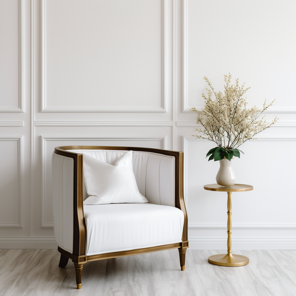 Stylish white fabric chair with wood trim