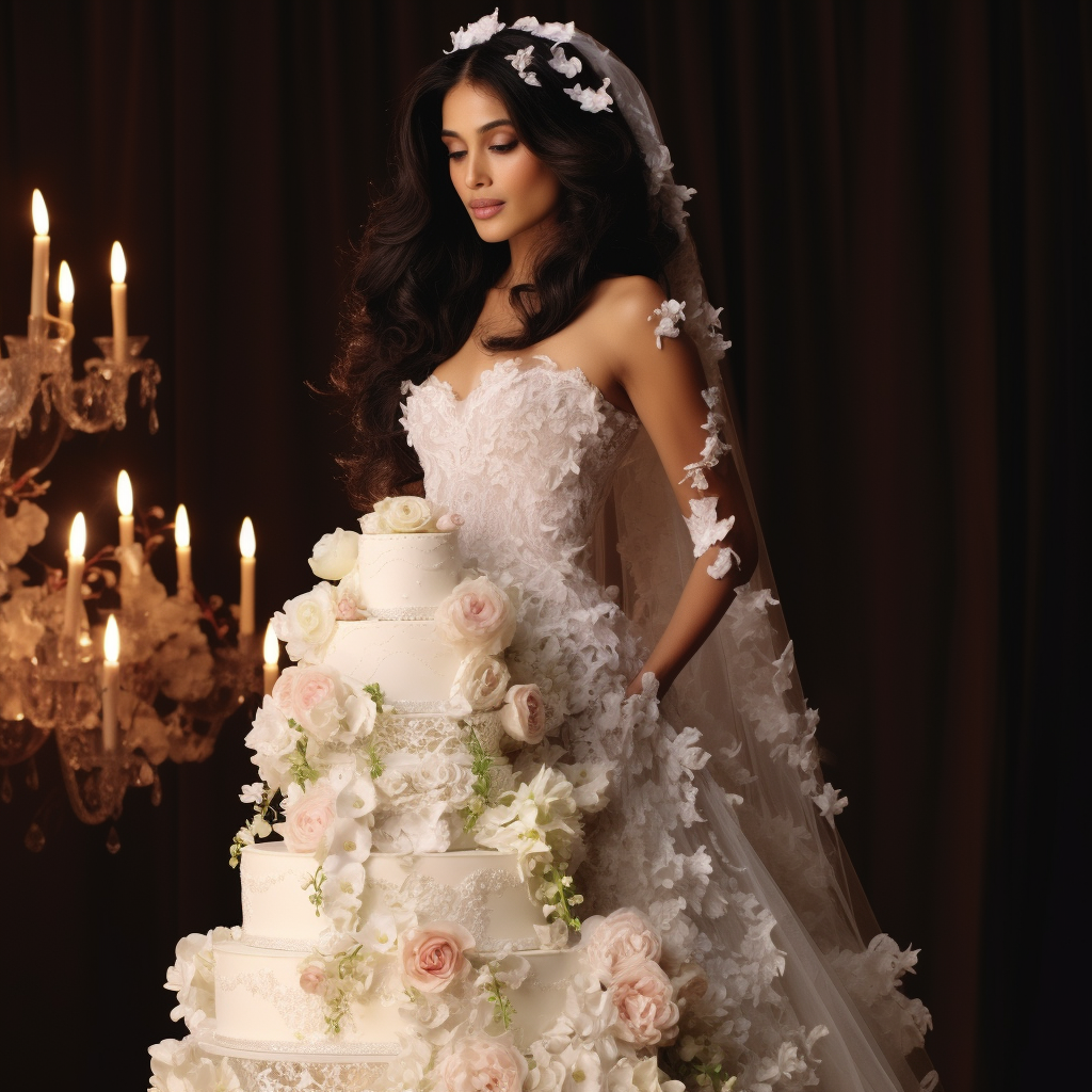 Beautiful wedding cake with lace and roses