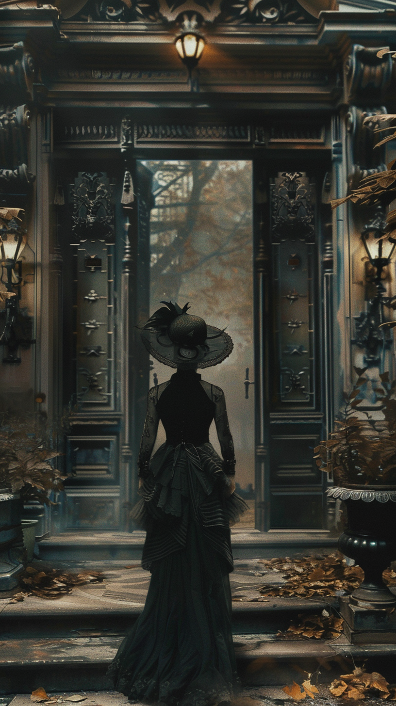 Elegant Woman at Mansion Threshold