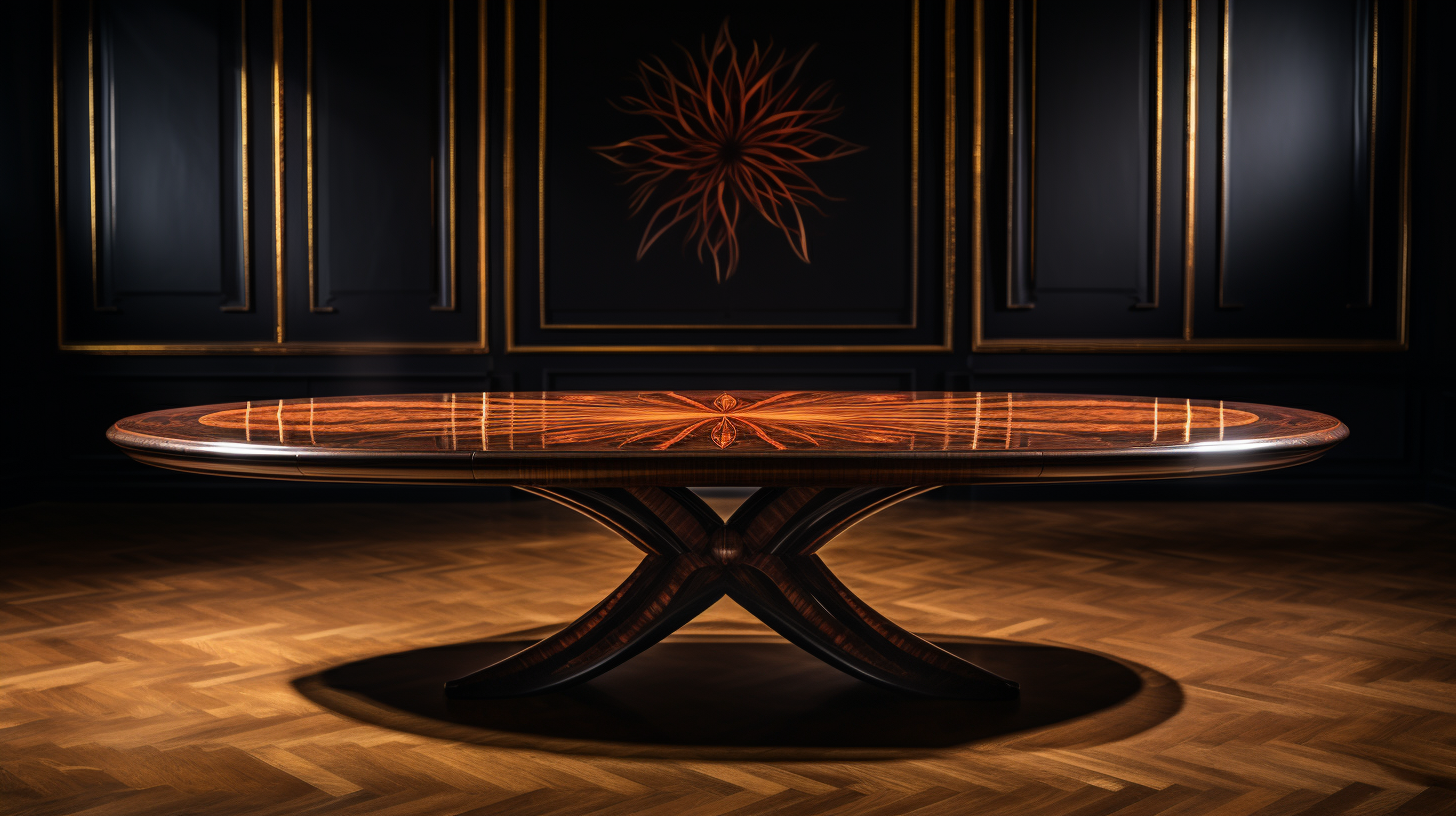 Elegant wooden dining table with marquetry pattern