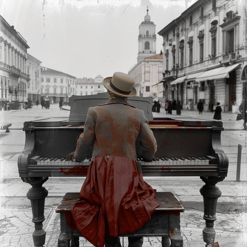 Elegant man plays piano outdoors