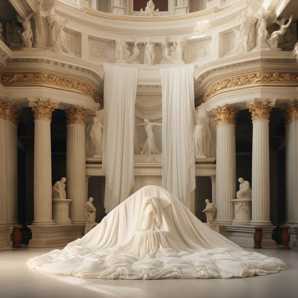 White cloth covered Roman palace with poetic details