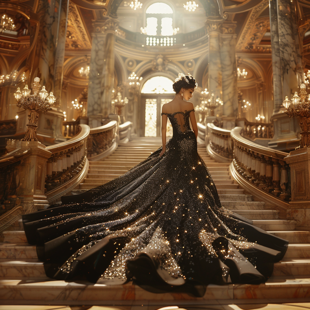 Glamorous woman in black evening gown