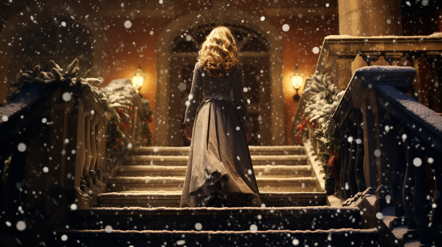 Elegant woman on French stairs during Christmas night