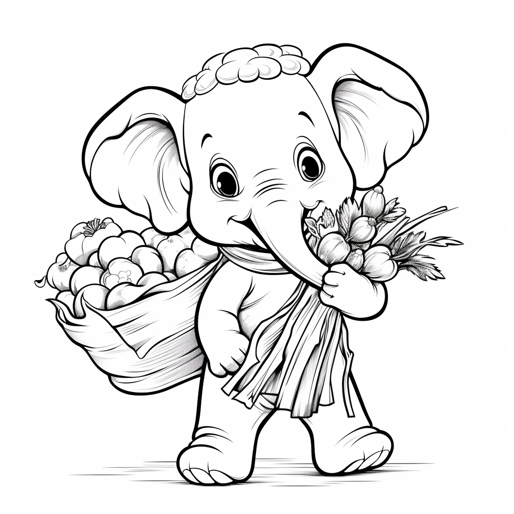 Cartoon elephant with vegetables on its back