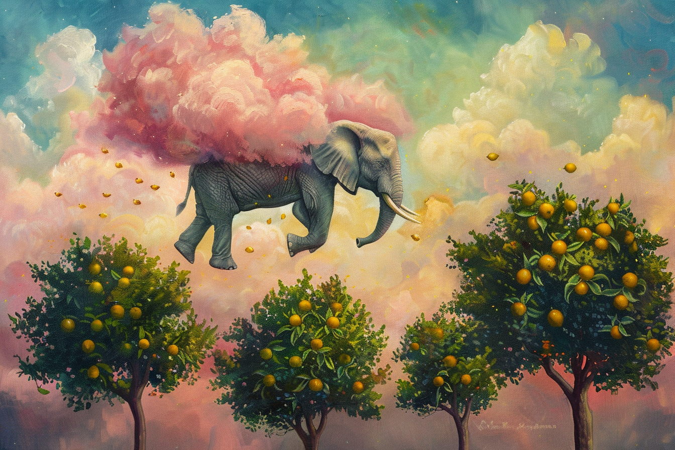 Elephant on Pink Cloud with Lemons