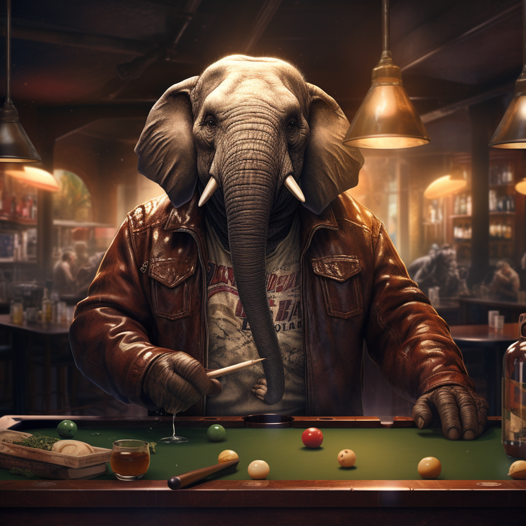 Elephant playing pool in a leather jacket