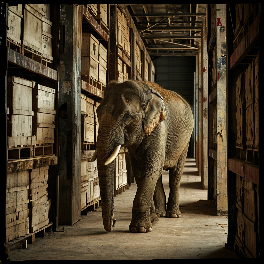 Elephant in storage warehouse