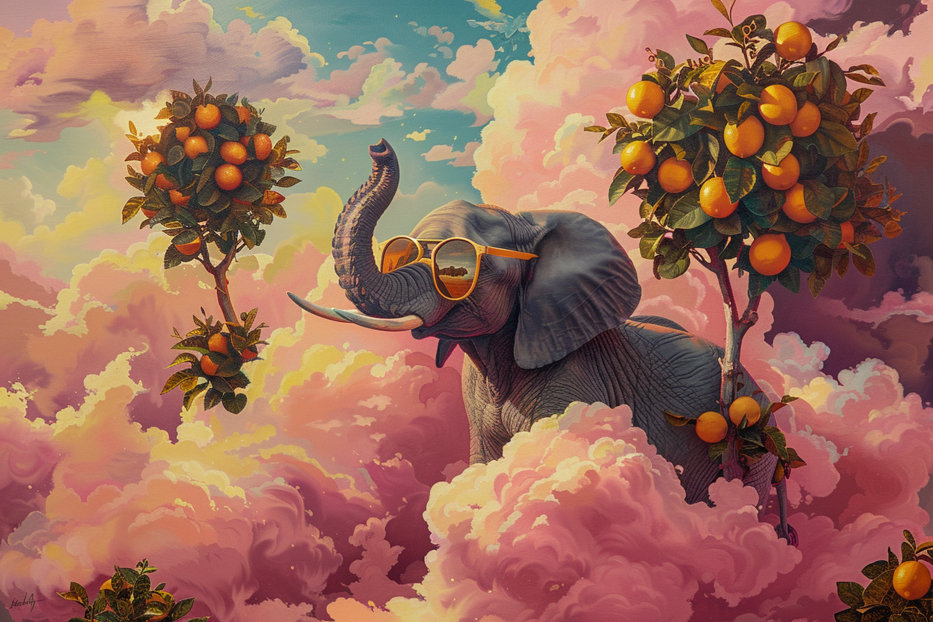 Elephant wearing sunglasses on pink cloud