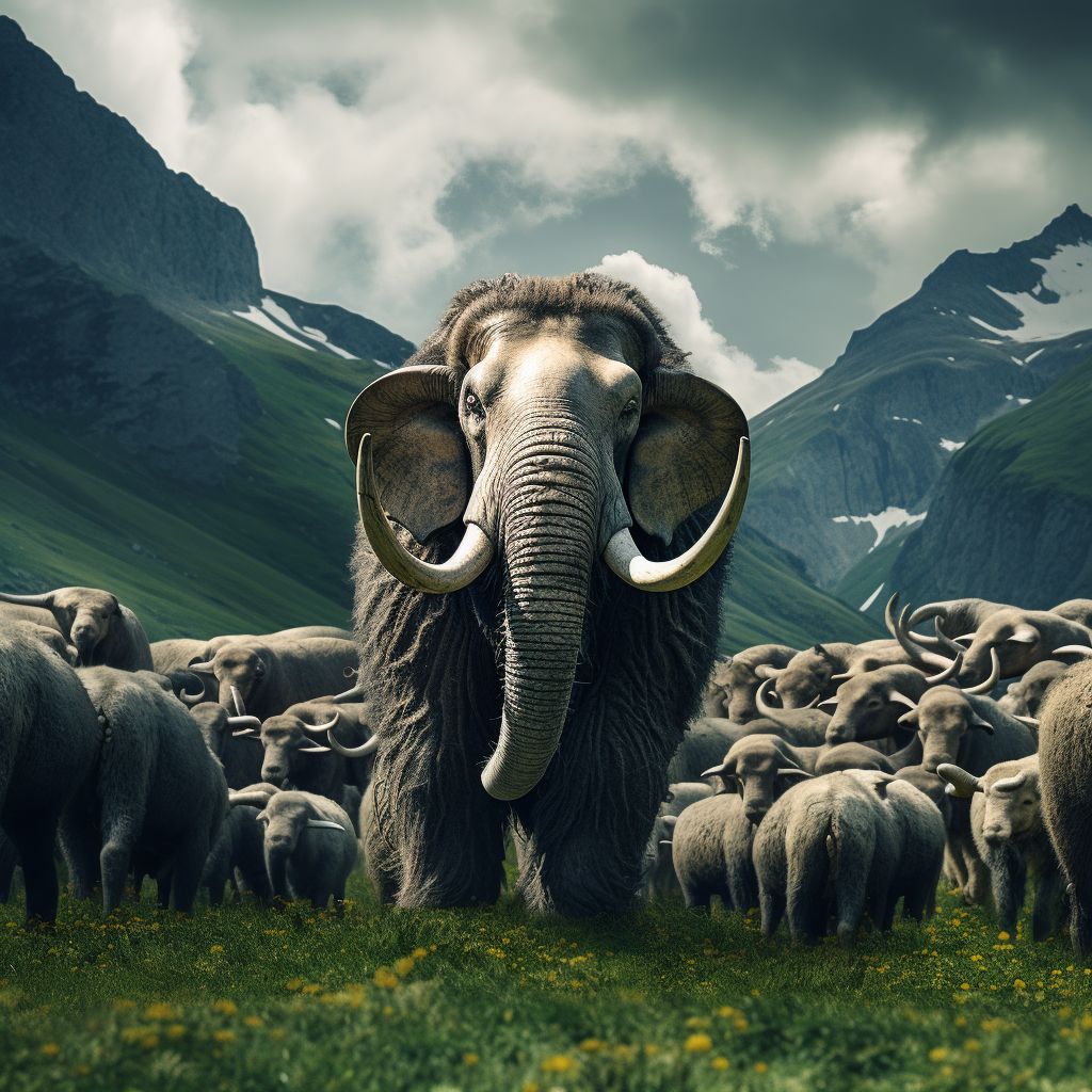 Elephant surrounded by sheep in Swiss mountains