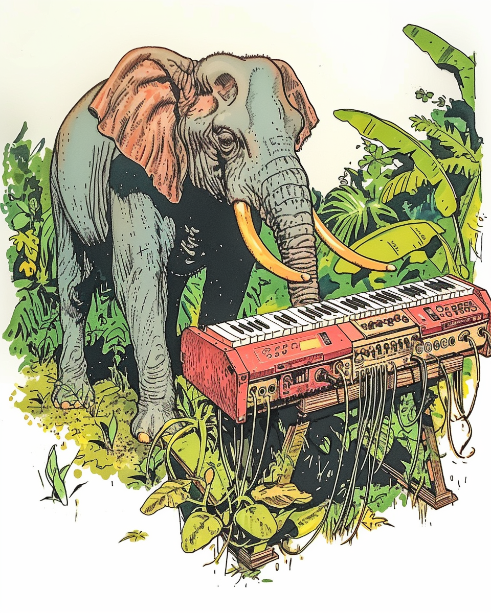 Elephant playing synth keyboard in jungle