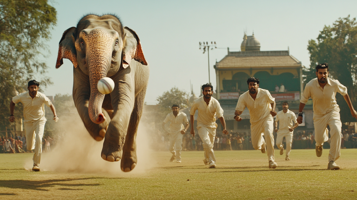 elephant with cricket ball running from cricket players