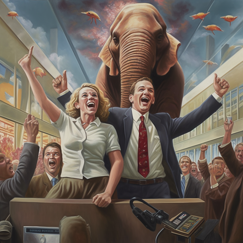 Cheering elephant in corporate setting