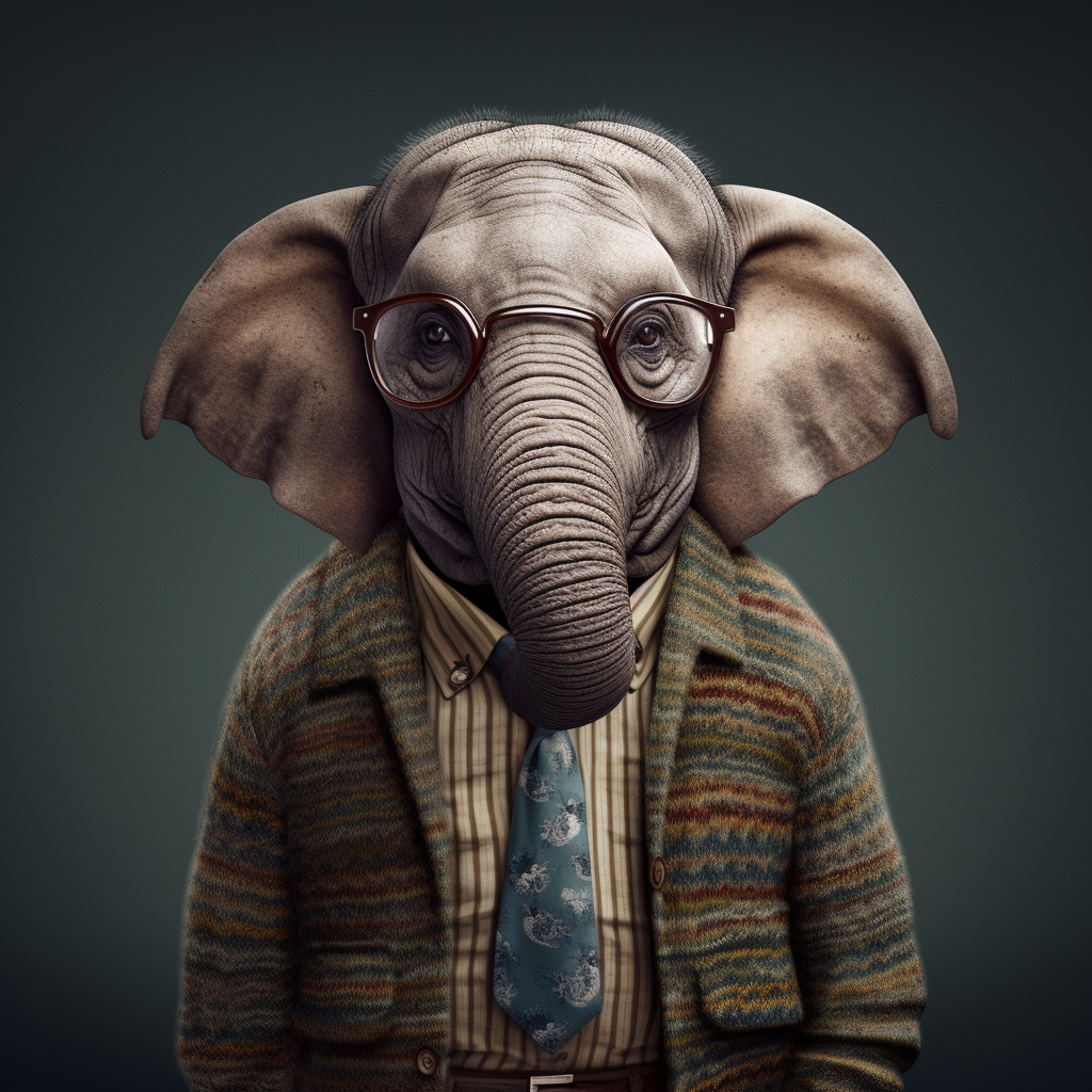 Adorable elephant with glasses and camera lens