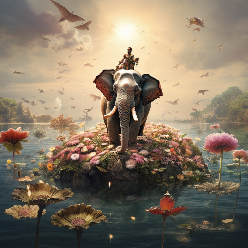 Elephant emerging from lotus flower above sea