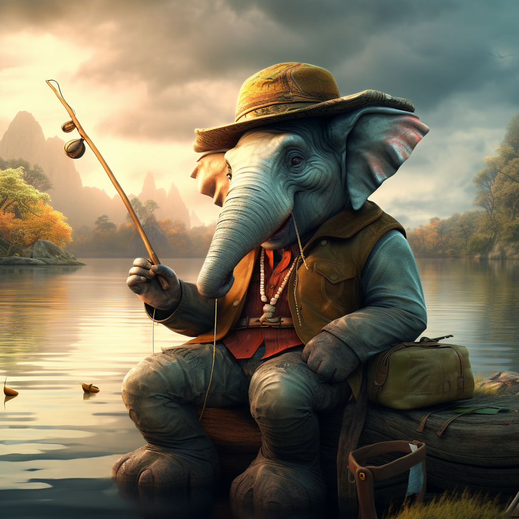 Elephant by lake with fishing hat