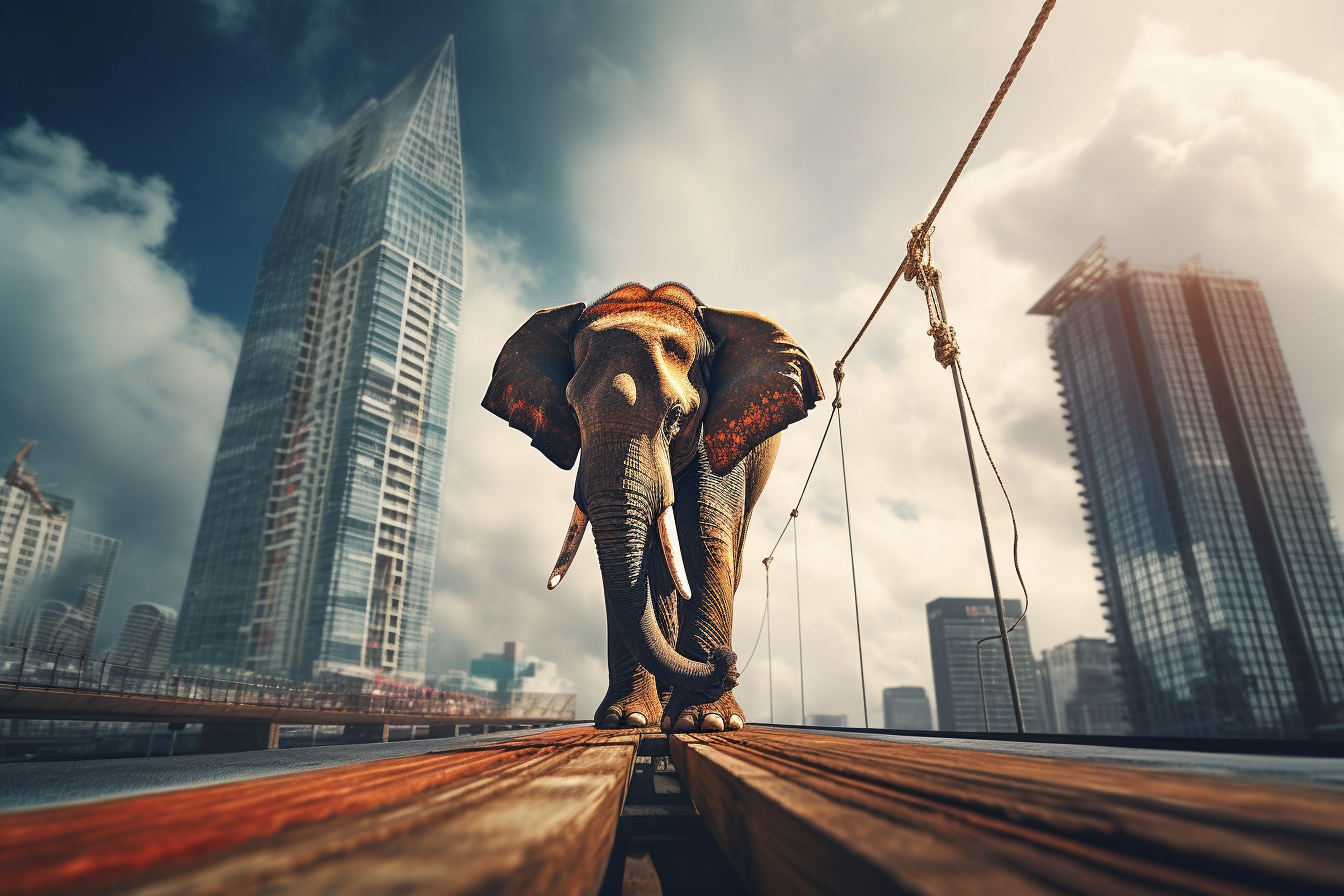 Elephant walking on rope between skyscrapers