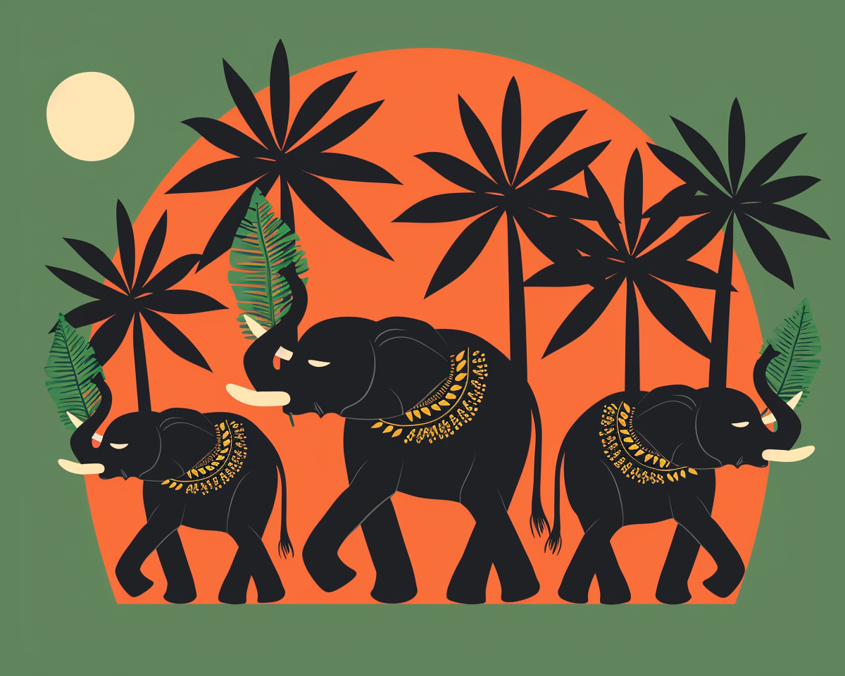 Elephants holding palm leaves under full moon