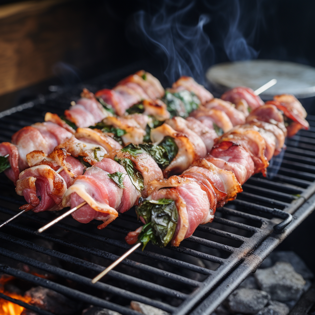 Tasty saltimbocca skewers displayed on a charcoal stand