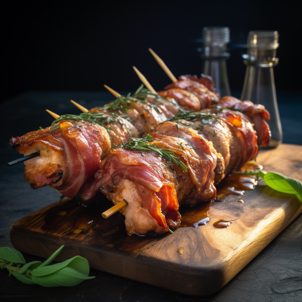 Delicious saltimbocca skewers on charcoal stand.