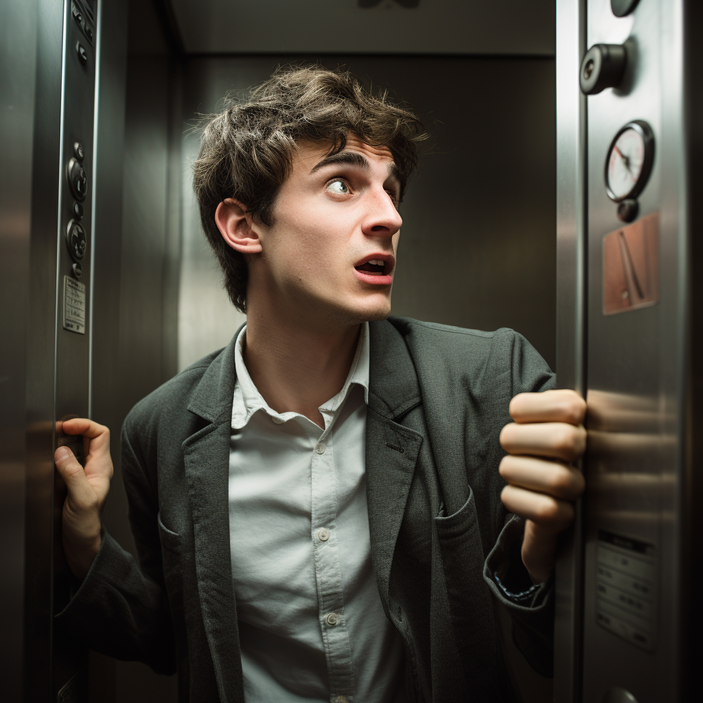 Young man fighting elevator buttons