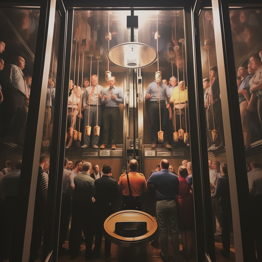 Cartoonish dinner forks in elevator POV