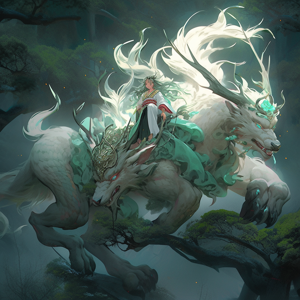 Majestic elf druid travelling with a qilin