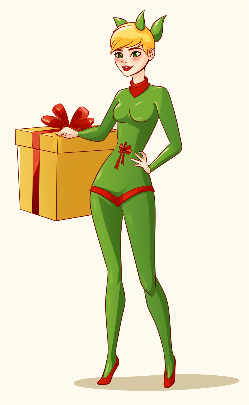 Illustration of girl dressed as elf with gift box