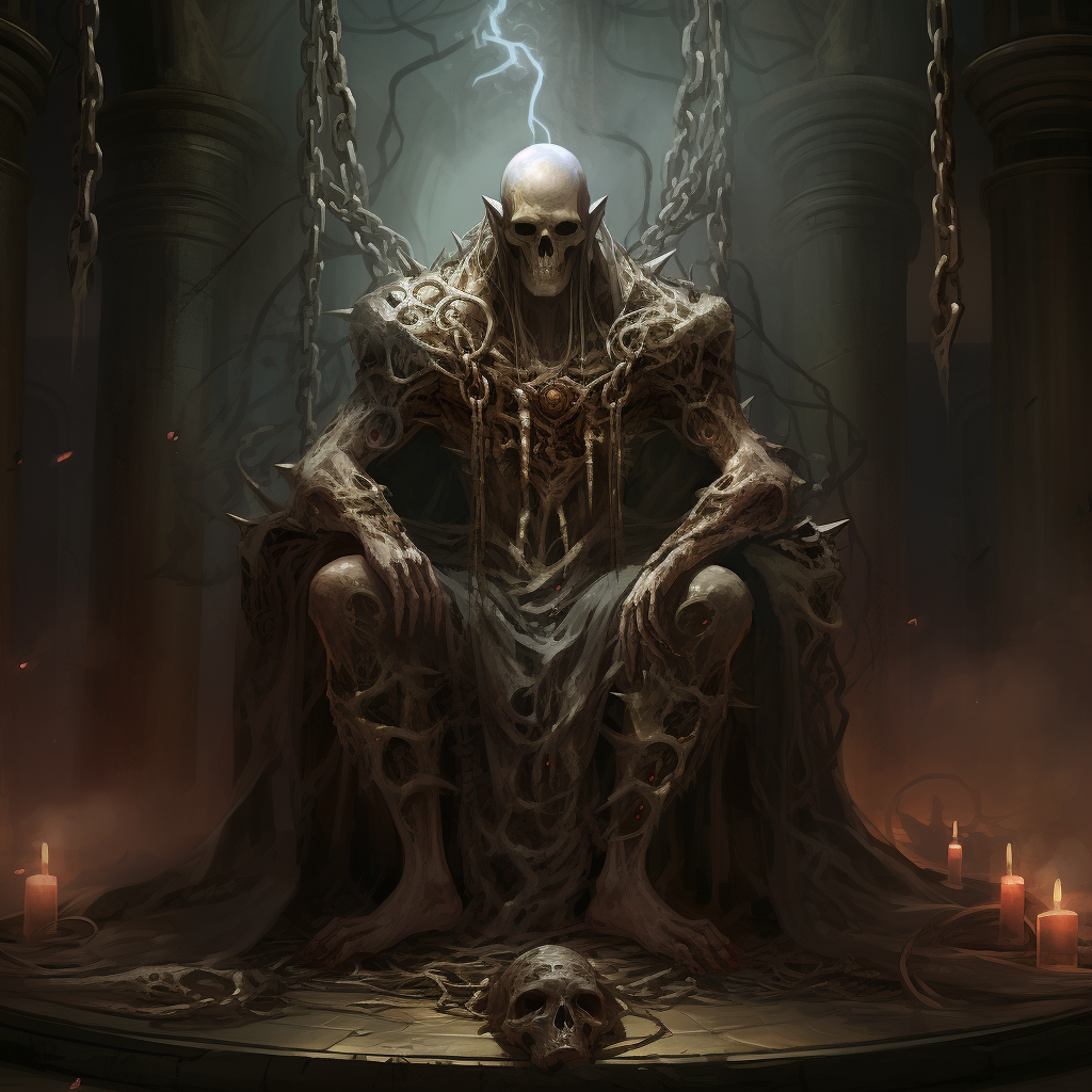 Mighty elf god with chains and skull throne