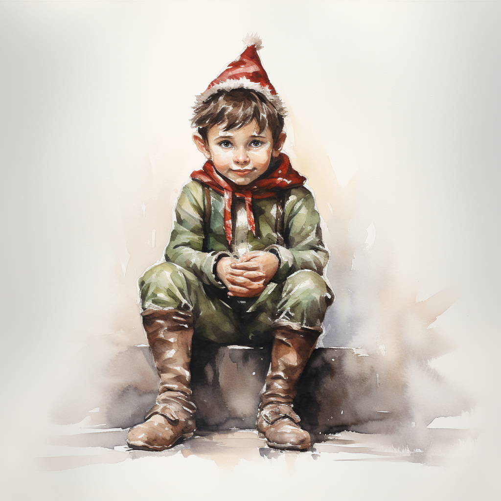 Cute elf sitting in watercolor painting