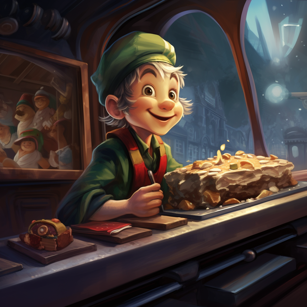 Cute Elf Train Engineer Enjoying a Delicious Pastry