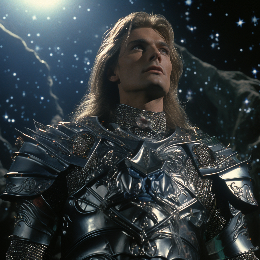 Elf warrior in silver armor under night sky with full moon