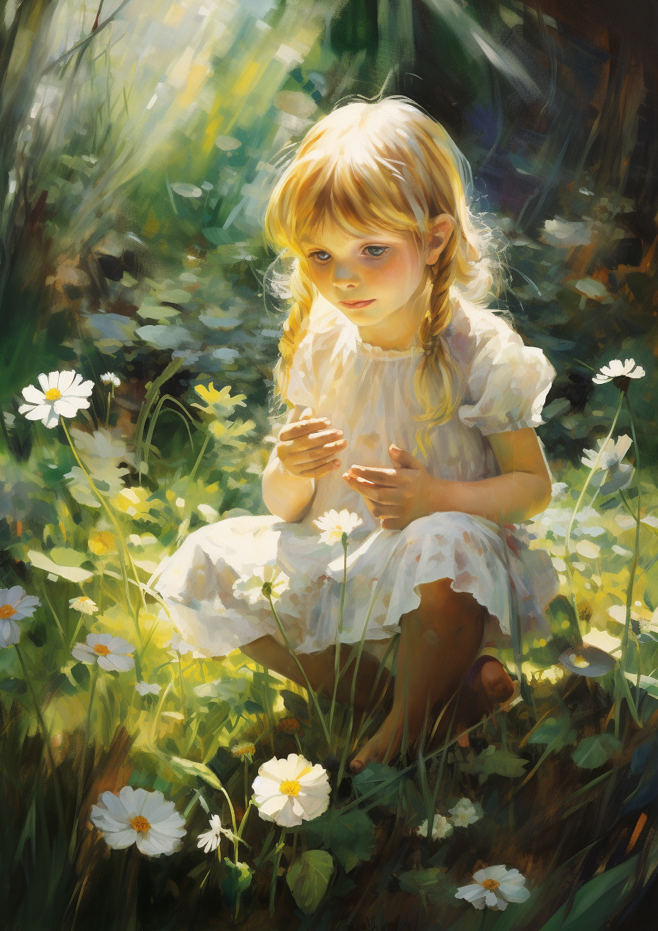 Elf girl baby sitting in a flower-filled field