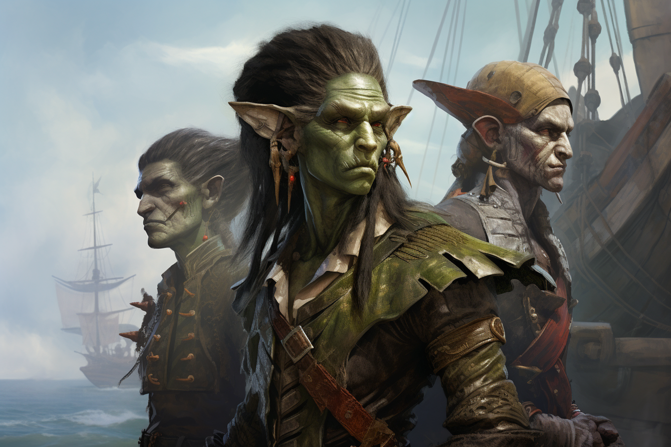 Side Portrait of Elf, Human, and Orc Preparing Ship